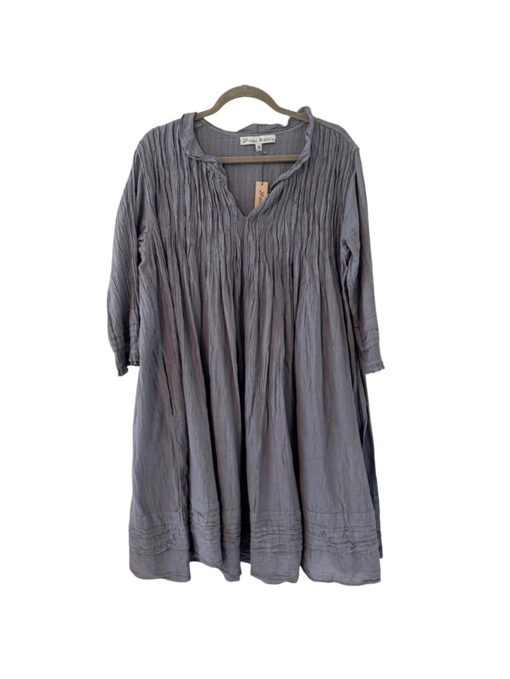 JP And Mattie Gray Cotton Crinkle Dress Sz M 3/4 Sleeve Lightweight Boho Dress.